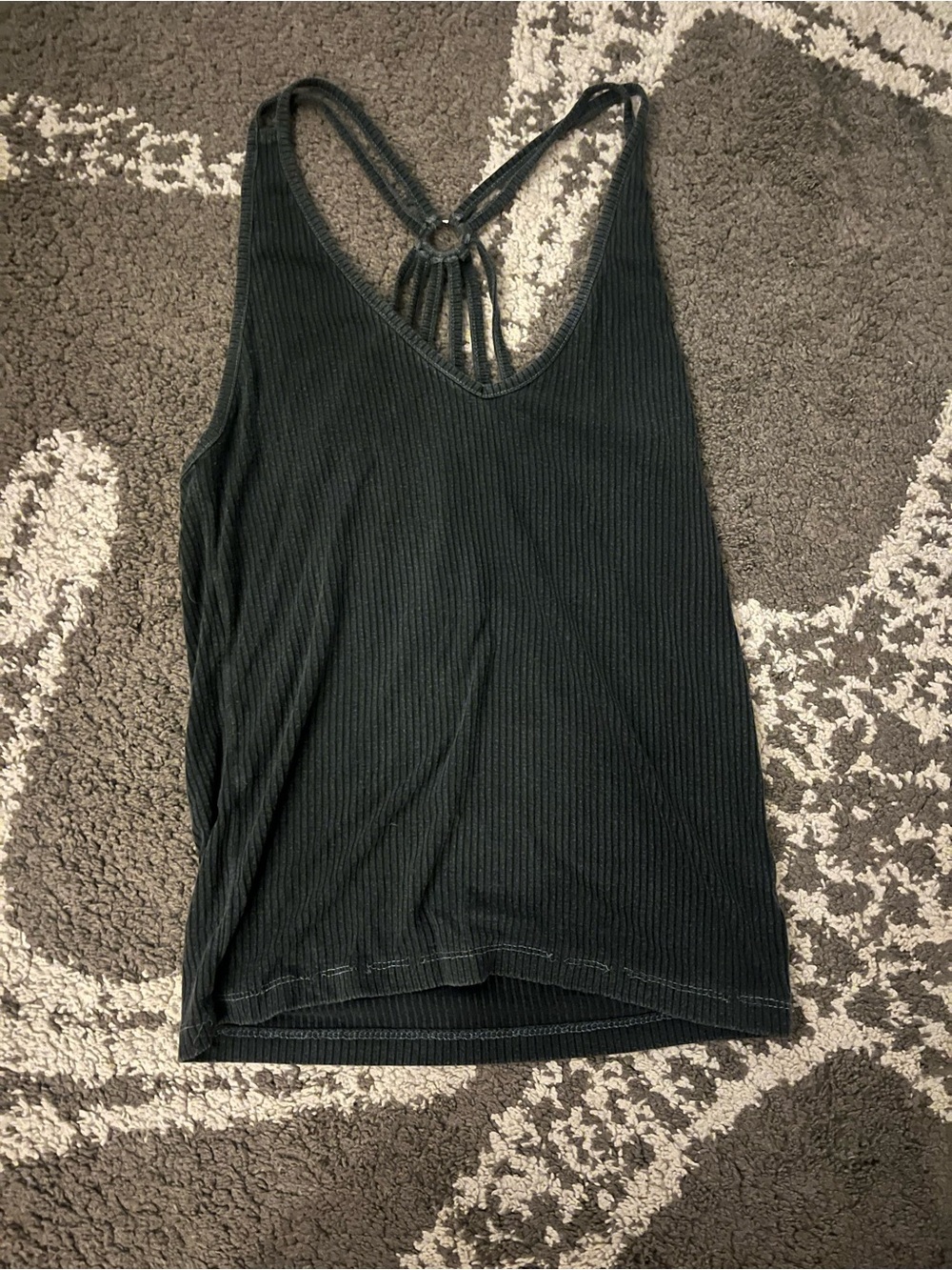 American Eagle Outfitters Black Ribbed V-Neck Tank with Strappy Ring Back